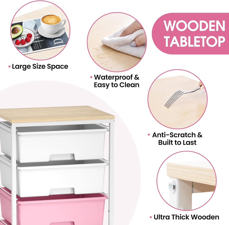 6-Drawer Craft Organiser Trolley Cart with Wooden Top