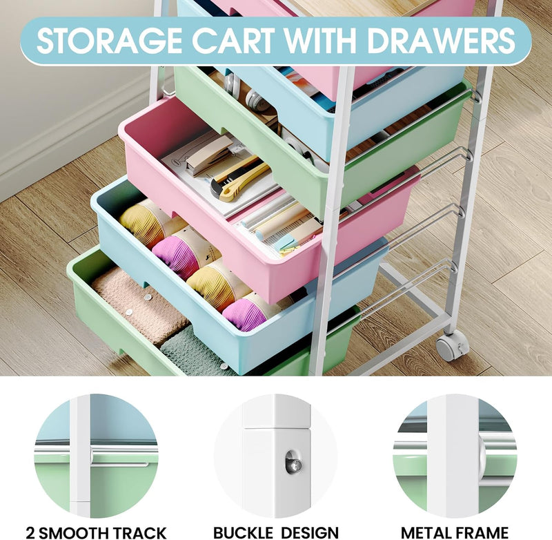 6-Drawer Craft Organiser Trolley Cart with Wooden Top
