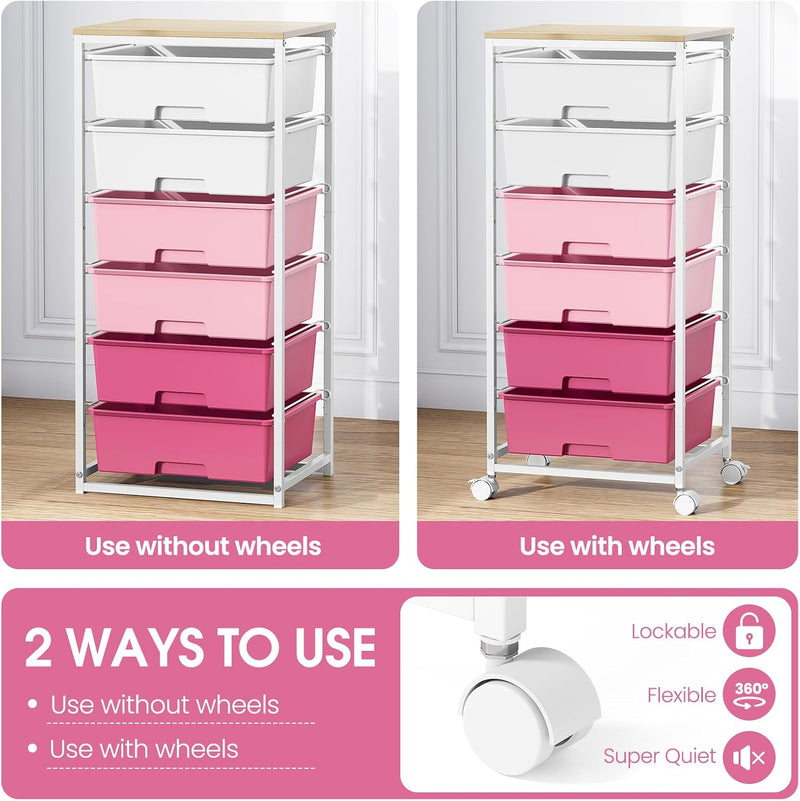 6-Drawer Craft Organiser Trolley Cart with Wooden Top
