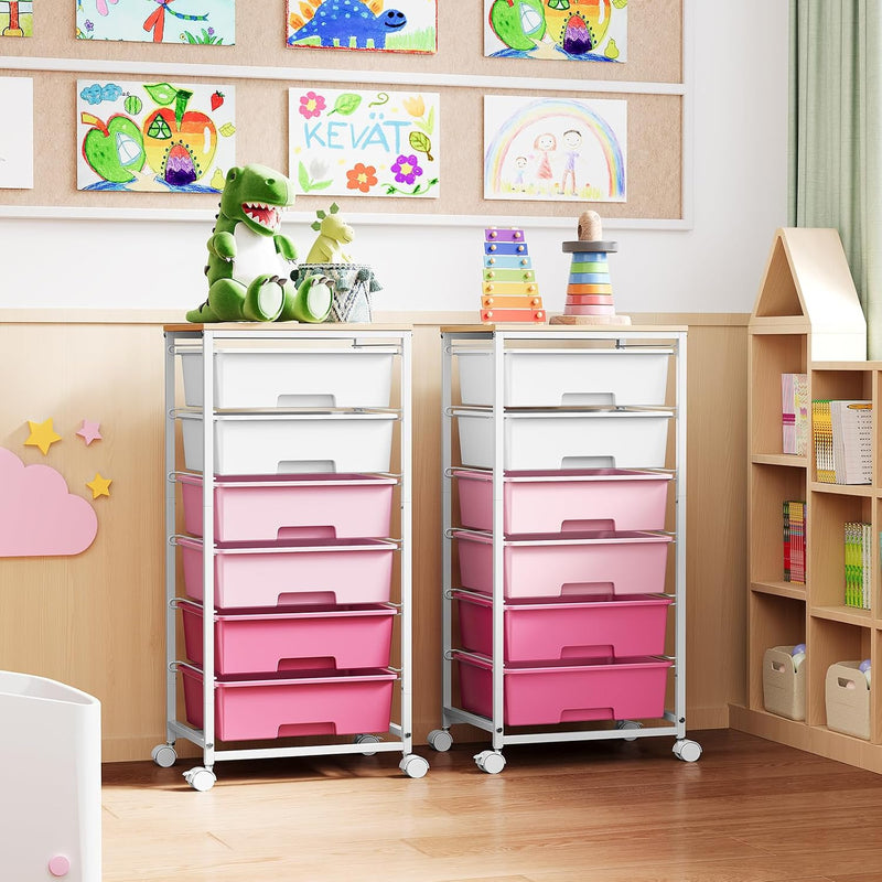 6-Drawer Craft Organiser Trolley Cart with Wooden Top
