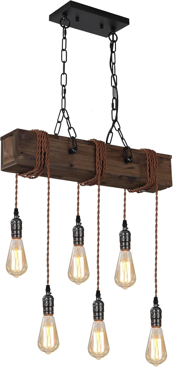 6-Lights Dining Farmhouse Chandelier Wooden Ceiling Pendant