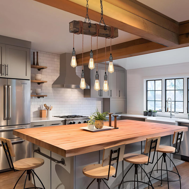 6-Lights Dining Farmhouse Chandelier Wooden Ceiling Pendant