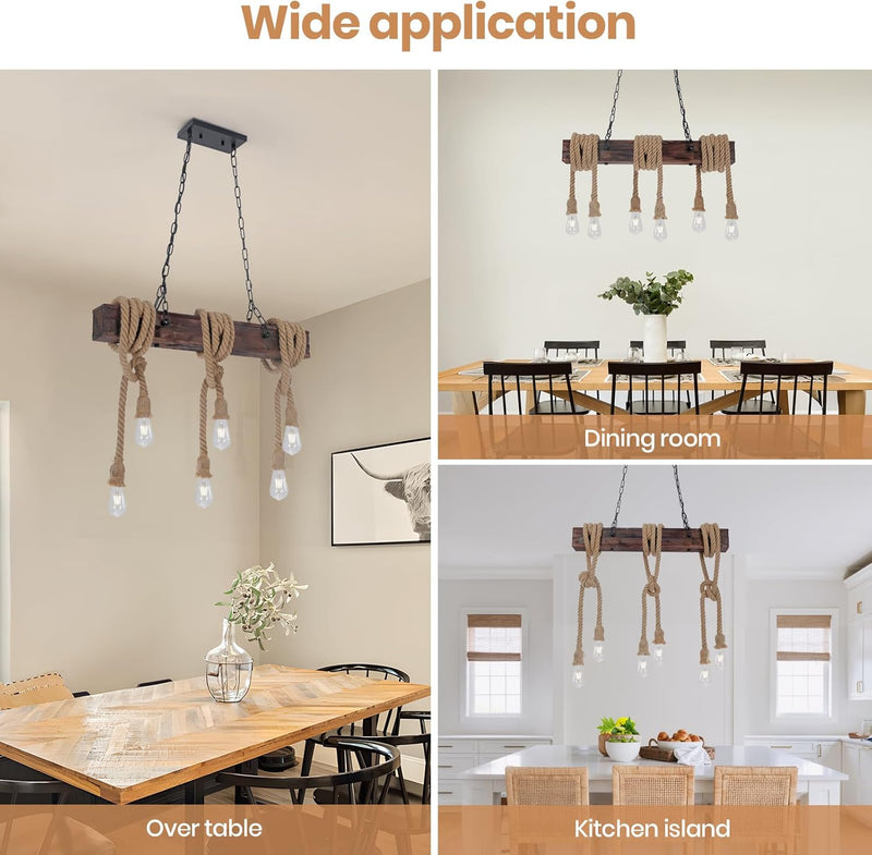 6-Lights Dining Farmhouse Chandelier Wooden Ceiling Pendant