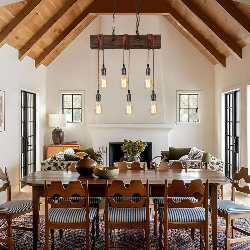 6-Lights Dining Farmhouse Chandelier Wooden Ceiling Pendant