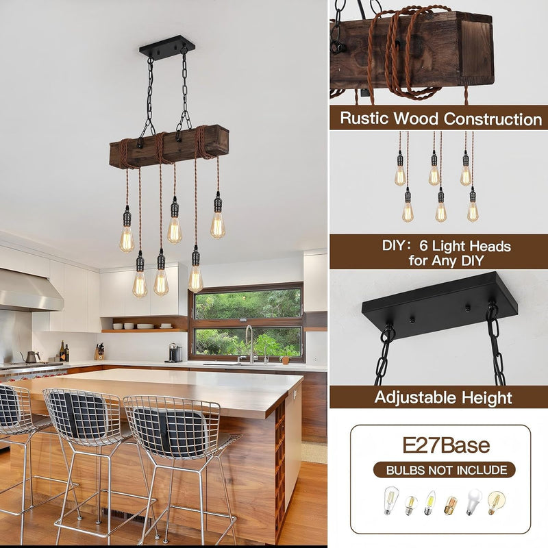 6-Lights Dining Farmhouse Chandelier Wooden Ceiling Pendant
