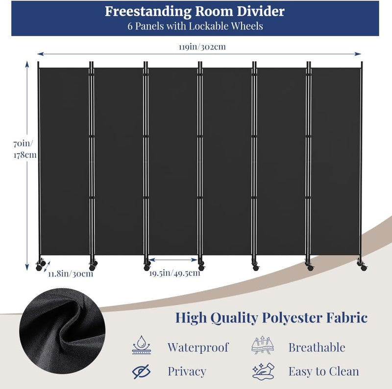6 Panel Room Divider 6FT Tall Rolling Privacy