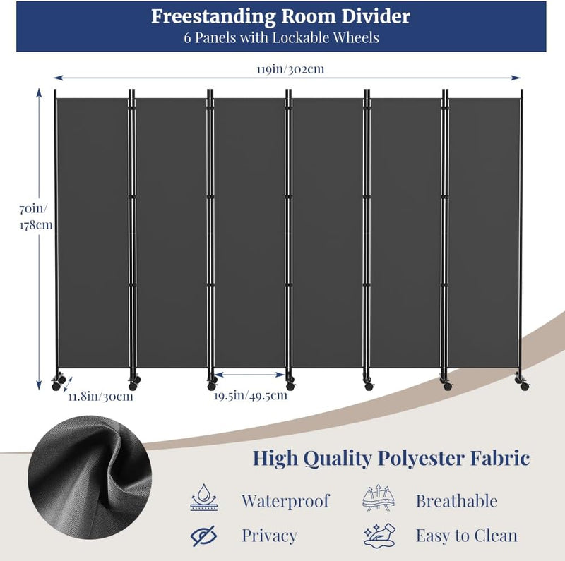 6 Panel Room Divider 6FT Tall Rolling Privacy
