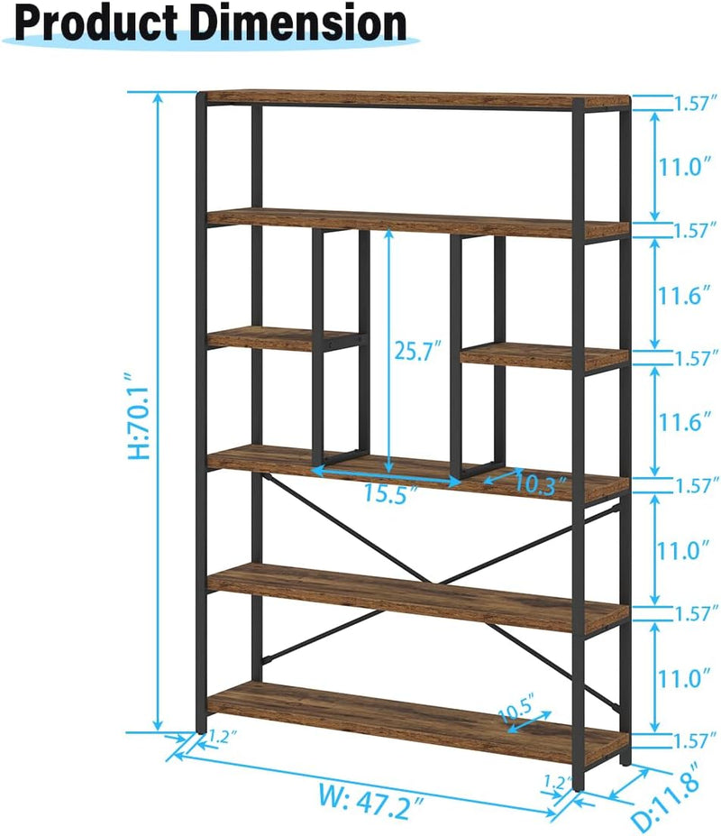 6 Tier Bookcase Modern Large Wide Book Shelf