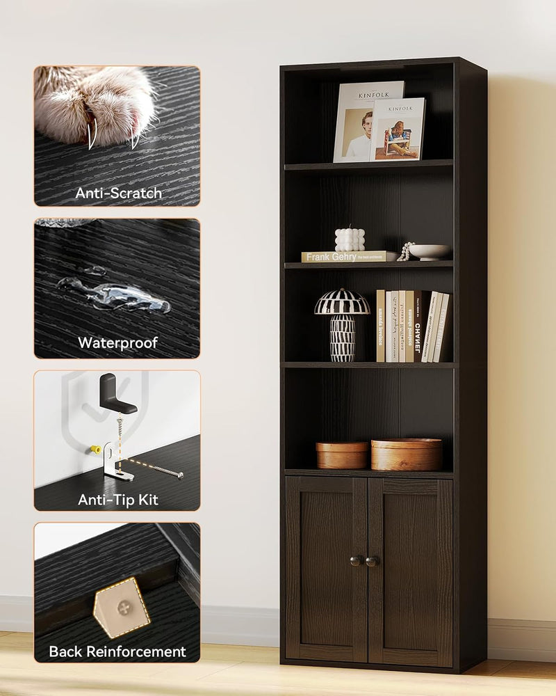 6-Tier Bookcase with Doors Storage Cabinet 176.4CM