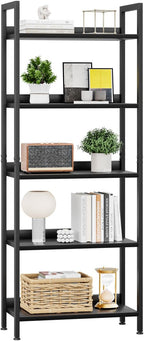 5 Tier Slim Bookshelf Bookcase with Backboard Rustic