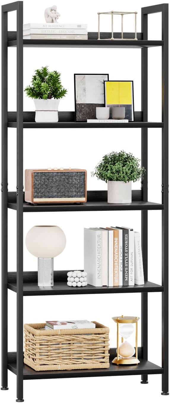 5 Tier Slim Bookshelf Bookcase with Backboard Rustic