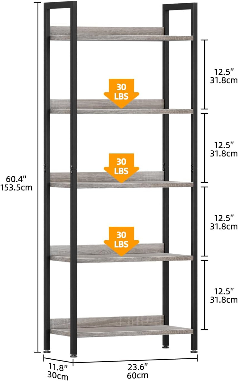 5 Tier Slim Bookshelf Bookcase with Backboard Rustic