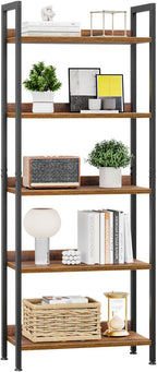 5 Tier Slim Bookshelf Bookcase with Backboard Rustic