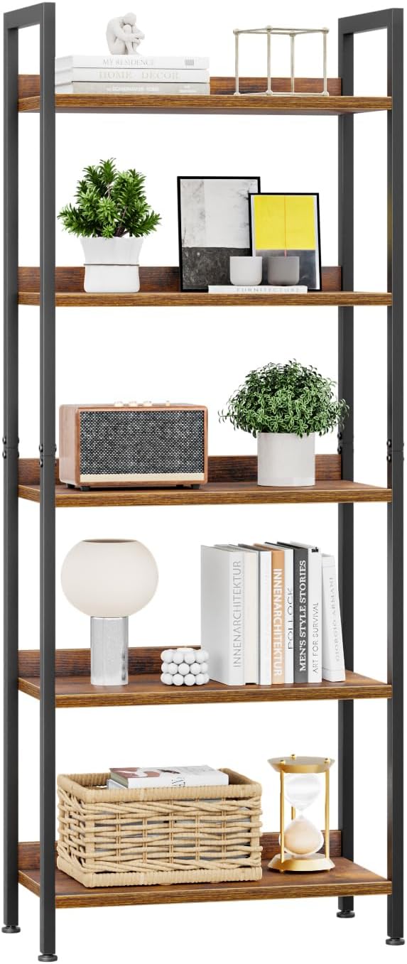 5 Tier Slim Bookshelf Bookcase with Backboard Rustic