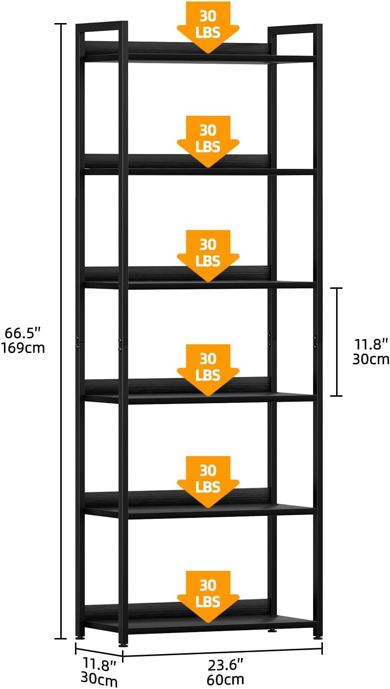 5 Tier Slim Bookshelf Bookcase with Backboard Rustic