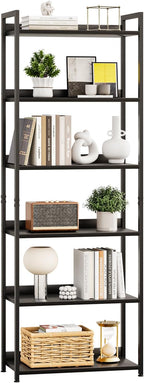 5 Tier Slim Bookshelf Bookcase with Backboard Rustic