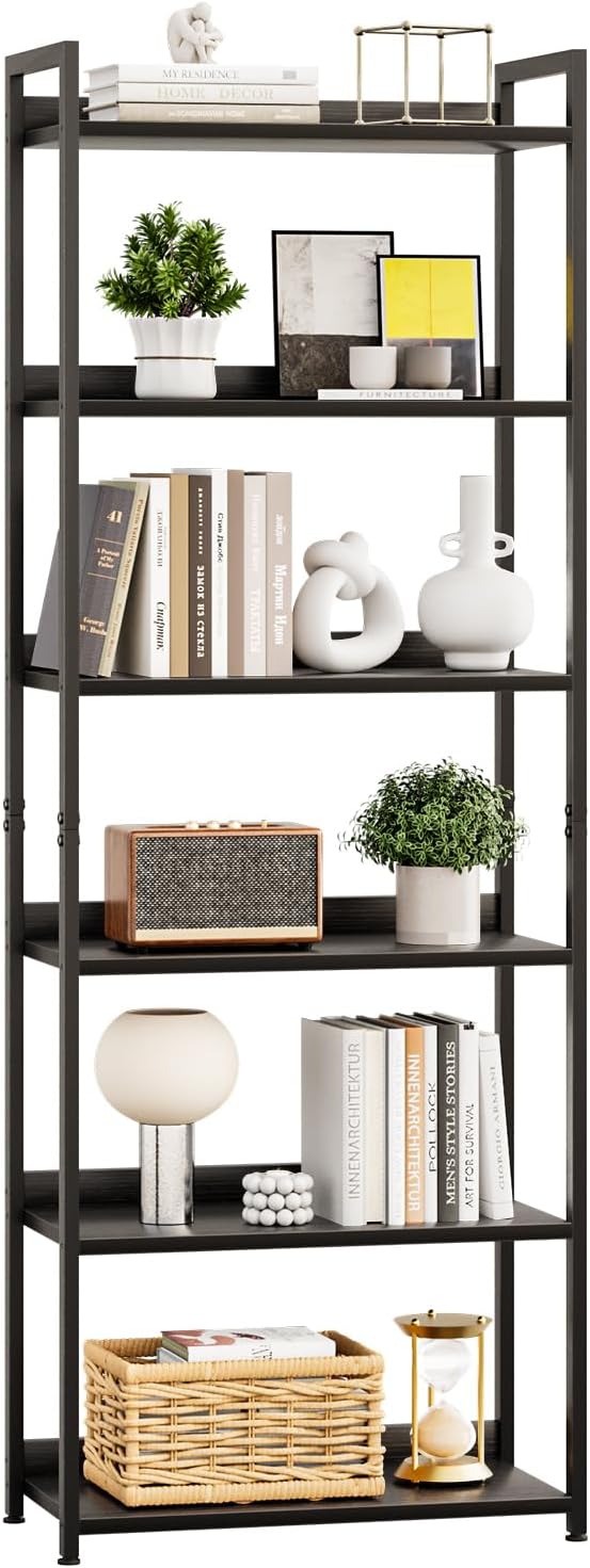 5 Tier Slim Bookshelf Bookcase with Backboard Rustic