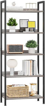5 Tier Slim Bookshelf Bookcase with Backboard Rustic