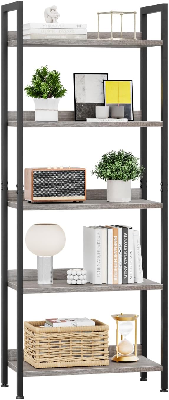 5 Tier Slim Bookshelf Bookcase with Backboard Rustic