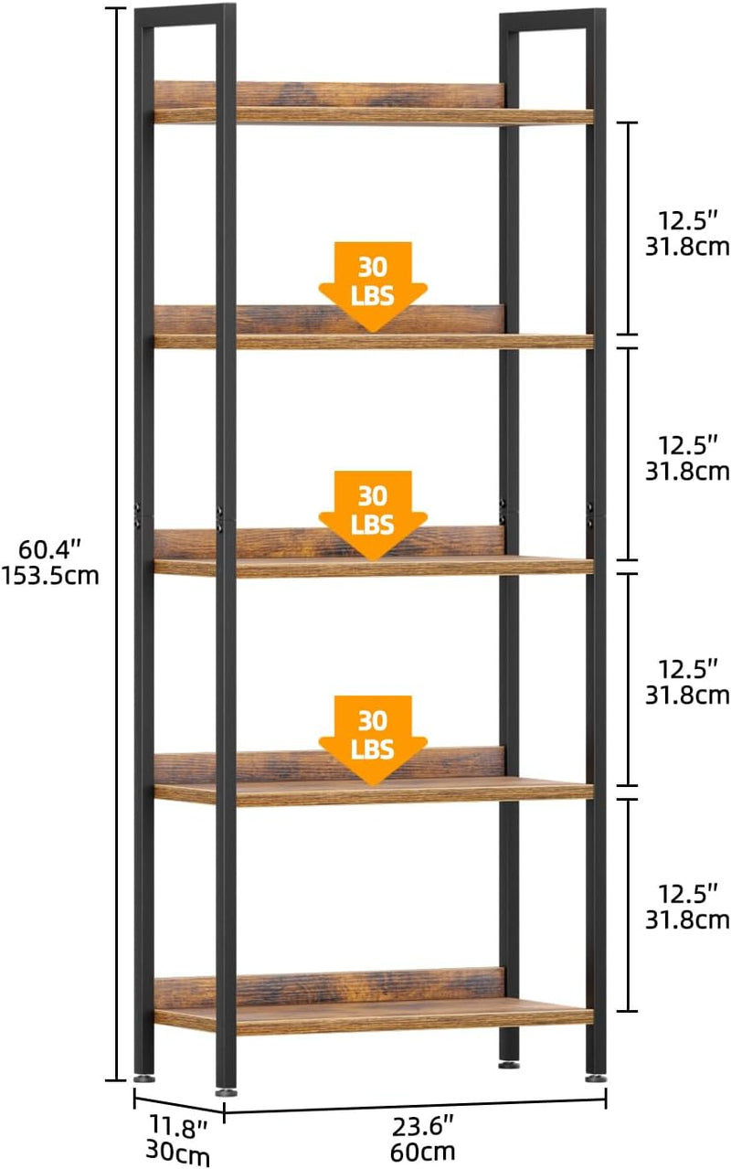 5 Tier Slim Bookshelf Bookcase with Backboard Rustic