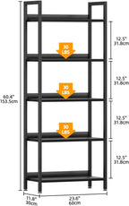 5 Tier Slim Bookshelf Bookcase with Backboard Rustic