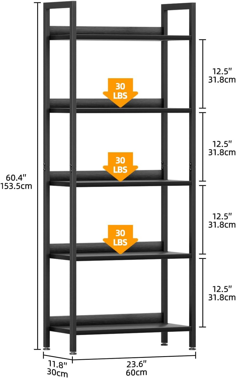 5 Tier Slim Bookshelf Bookcase with Backboard Rustic