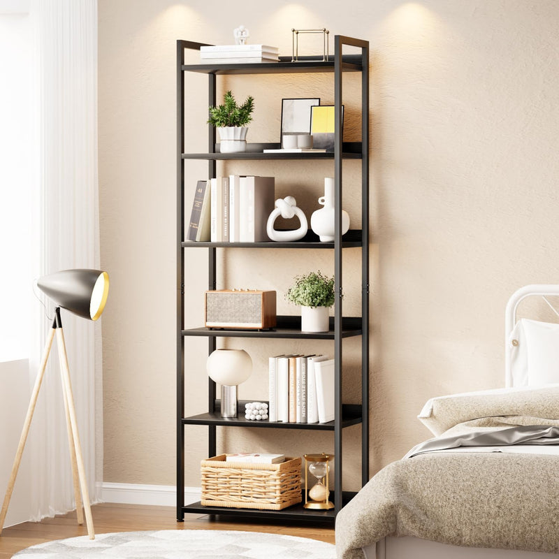 5 Tier Slim Bookshelf Bookcase with Backboard Rustic