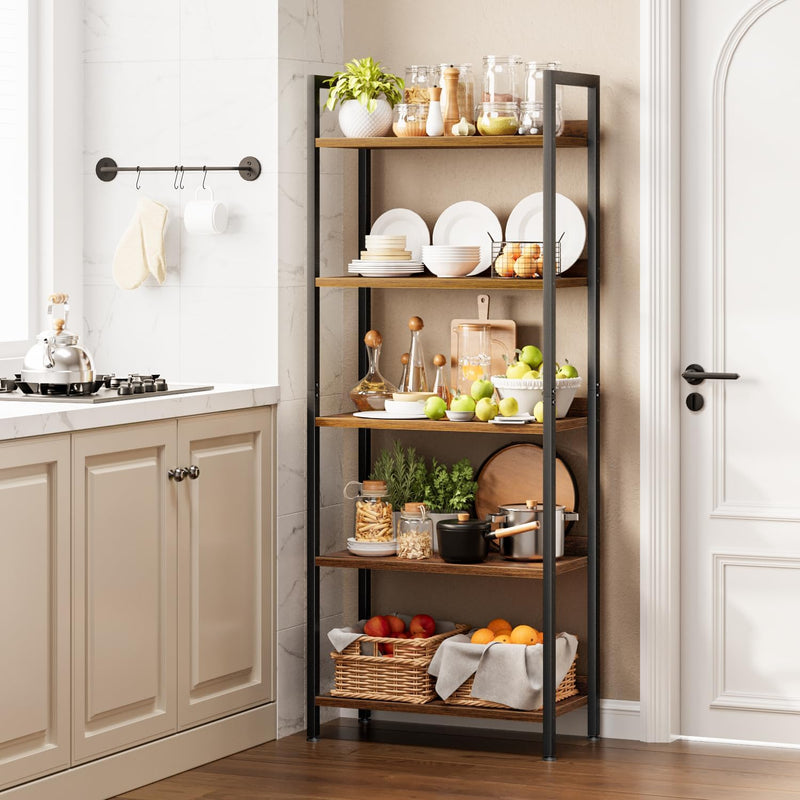 5 Tier Slim Bookshelf Bookcase with Backboard Rustic