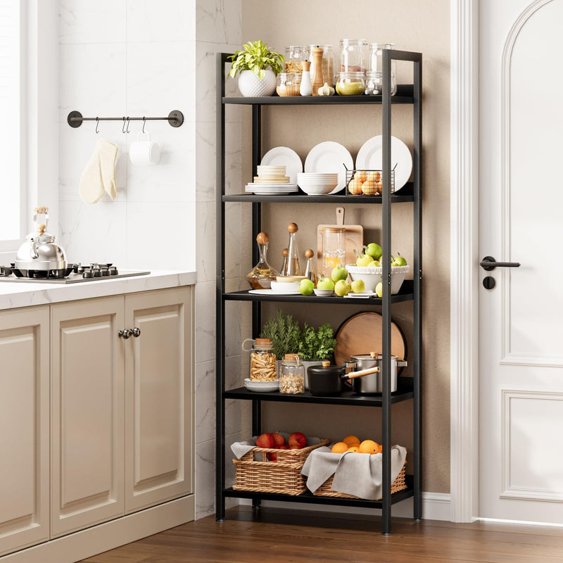 5 Tier Slim Bookshelf Bookcase with Backboard Rustic