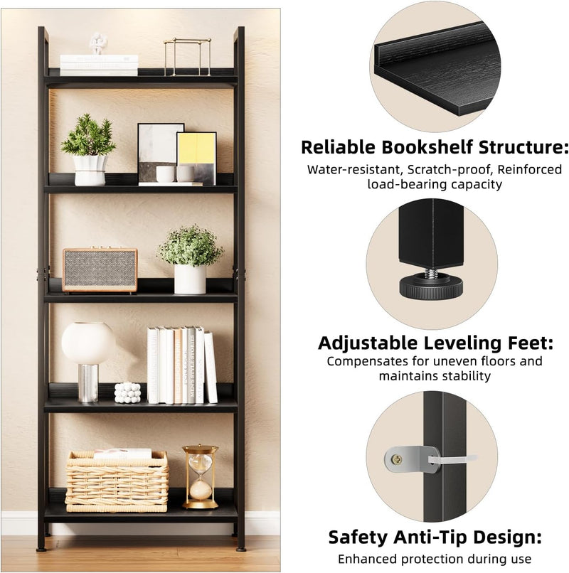 5 Tier Slim Bookshelf Bookcase with Backboard Rustic