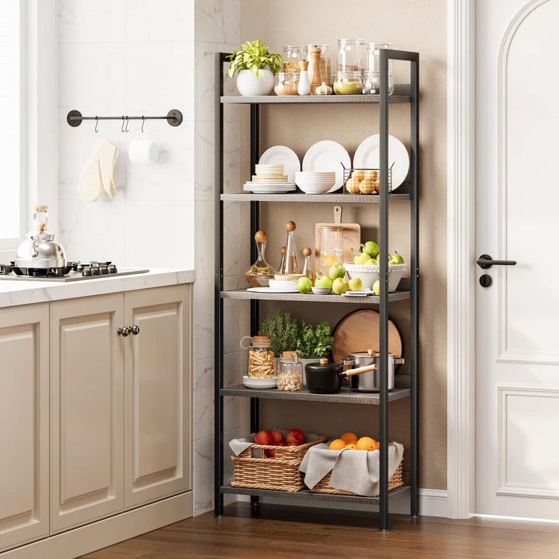 5 Tier Slim Bookshelf Bookcase with Backboard Rustic