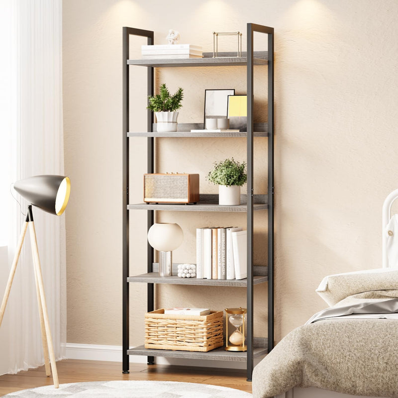 5 Tier Slim Bookshelf Bookcase with Backboard Rustic