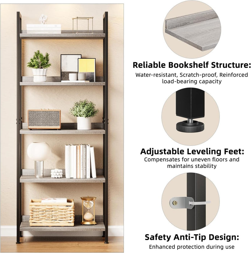 5 Tier Slim Bookshelf Bookcase with Backboard Rustic