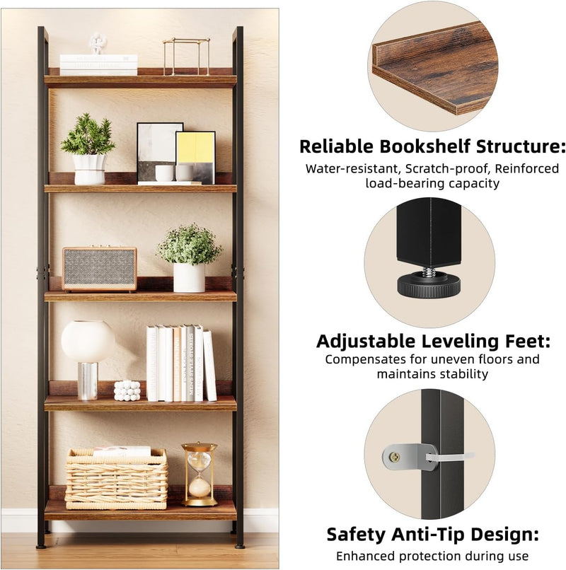 5 Tier Slim Bookshelf Bookcase with Backboard Rustic