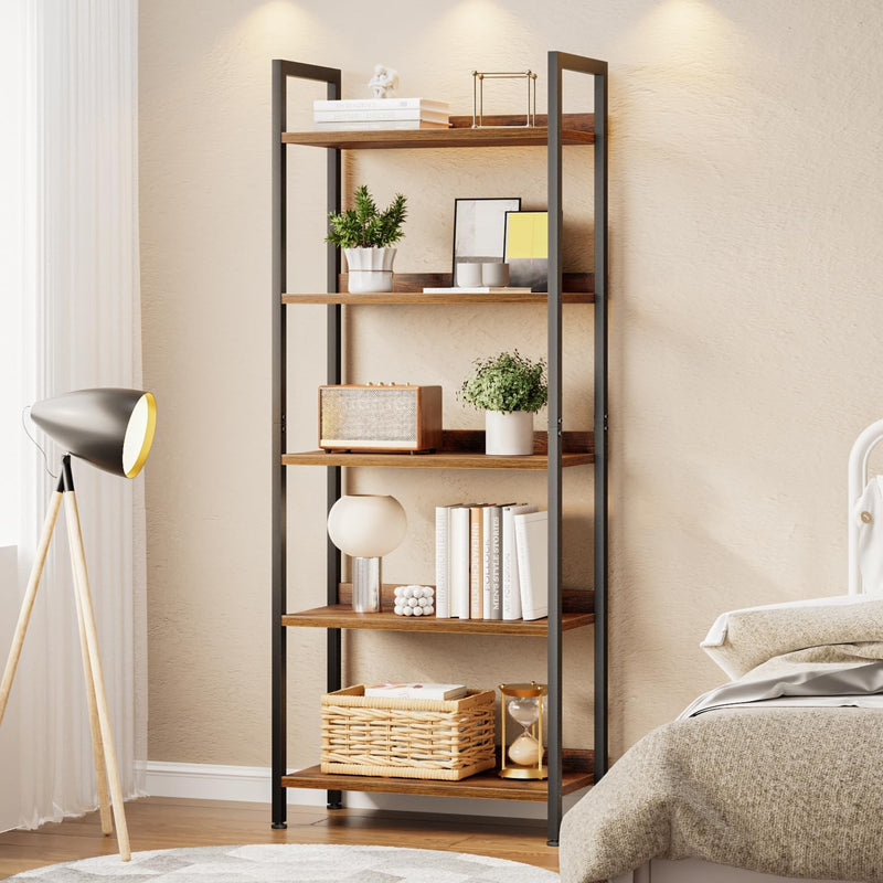 5 Tier Slim Bookshelf Bookcase with Backboard Rustic