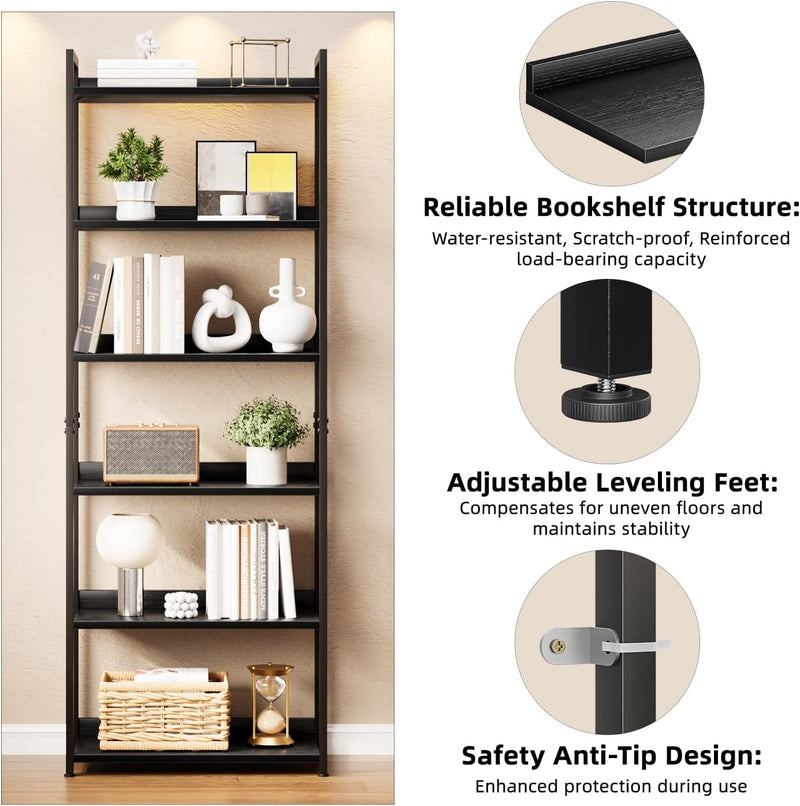 5 Tier Slim Bookshelf Bookcase with Backboard Rustic