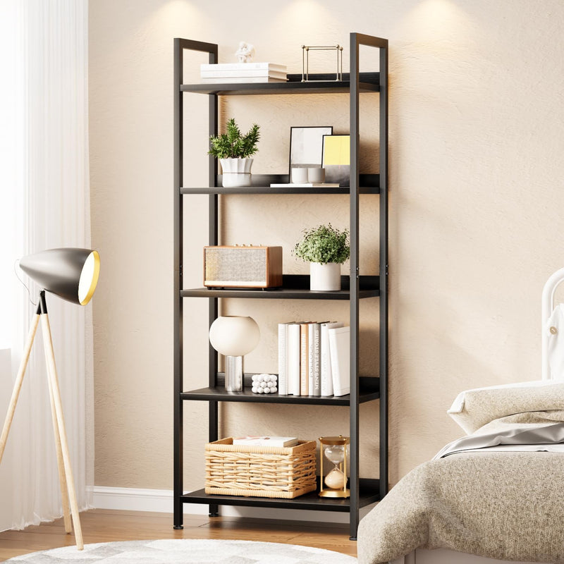 5 Tier Slim Bookshelf Bookcase with Backboard Rustic