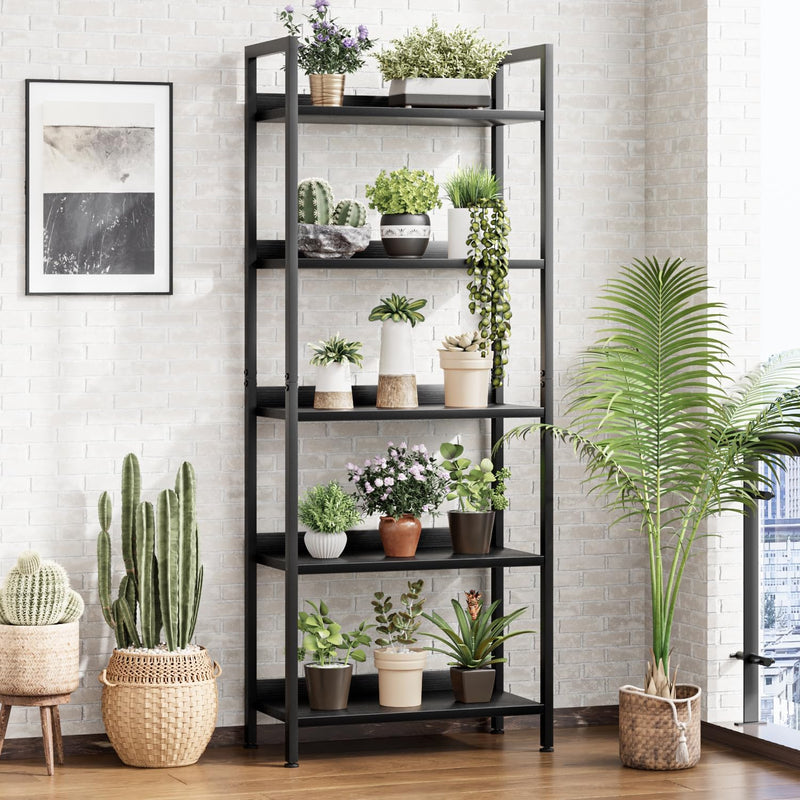 5 Tier Slim Bookshelf Bookcase with Backboard Rustic