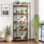 5 Tier Slim Bookshelf Bookcase with Backboard Rustic