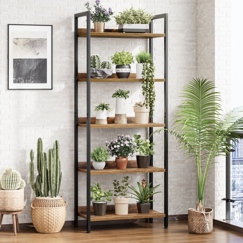 5 Tier Slim Bookshelf Bookcase with Backboard Rustic