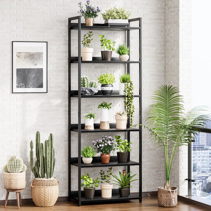 5 Tier Slim Bookshelf Bookcase with Backboard Rustic