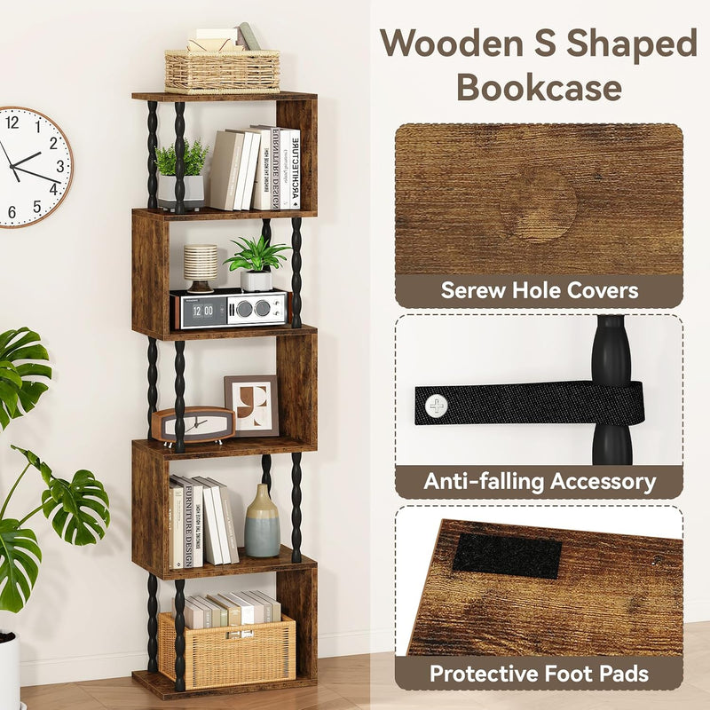 6-Tier Bookshelf S-Shaped Shelving Unit