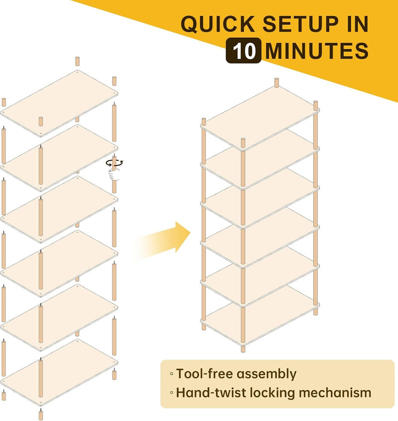 6 Tier Bookshelf Tall Shelving Unit Wooden Floor