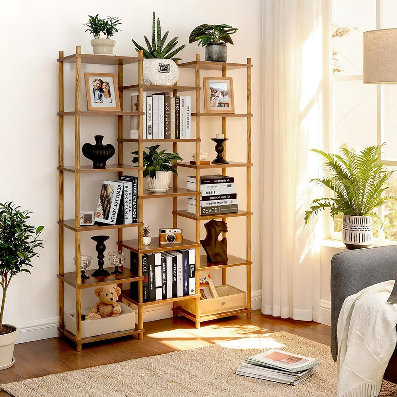 6 Tier Bookshelf Tall Shelving Unit Wooden Floor