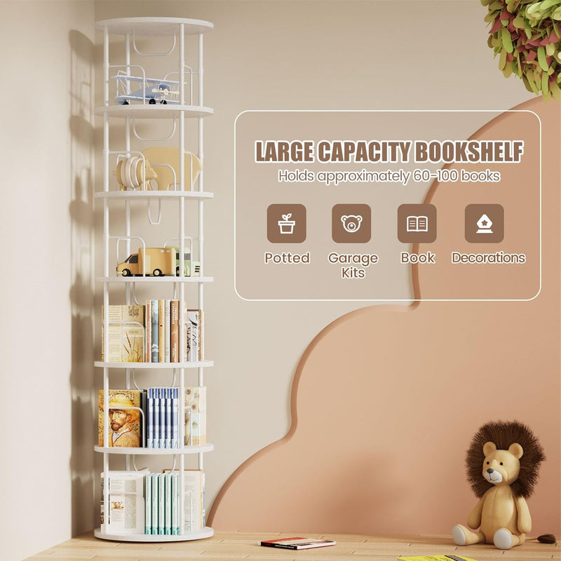 6 Tier Rotating Bookshelf Corner Tower Round