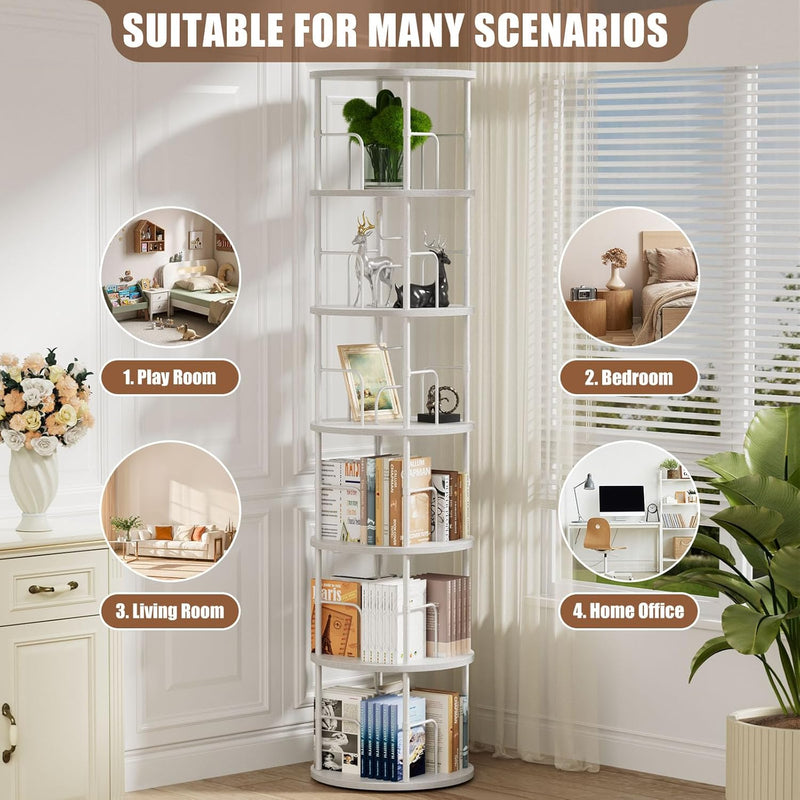 6 Tier Rotating Bookshelf Corner Tower Round