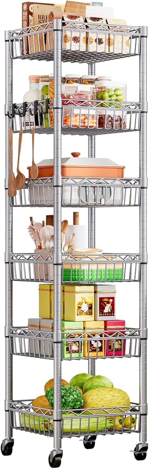 6-Tier Slim Metal Shelving Unit on Wheels