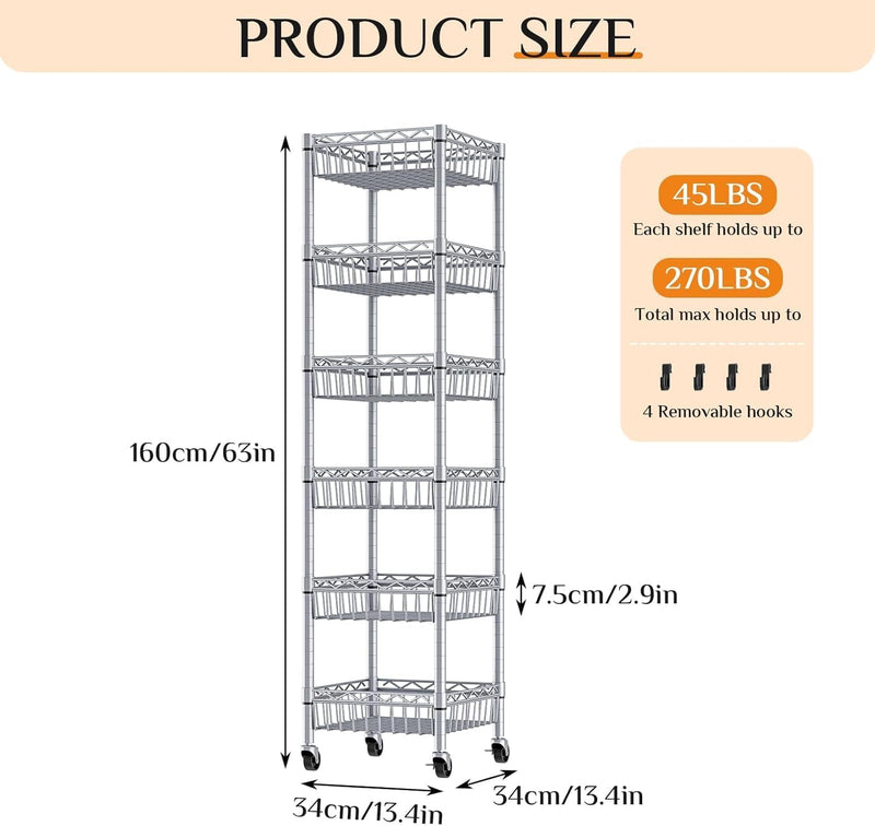 6-Tier Slim Metal Shelving Unit on Wheels