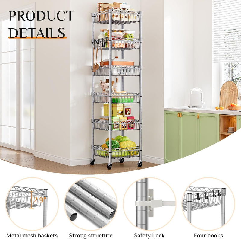 6-Tier Slim Metal Shelving Unit on Wheels