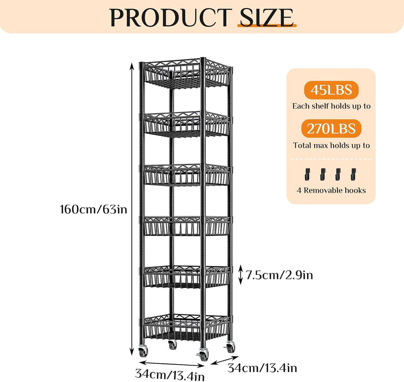 6-Tier Slim Metal Shelving Unit on Wheels